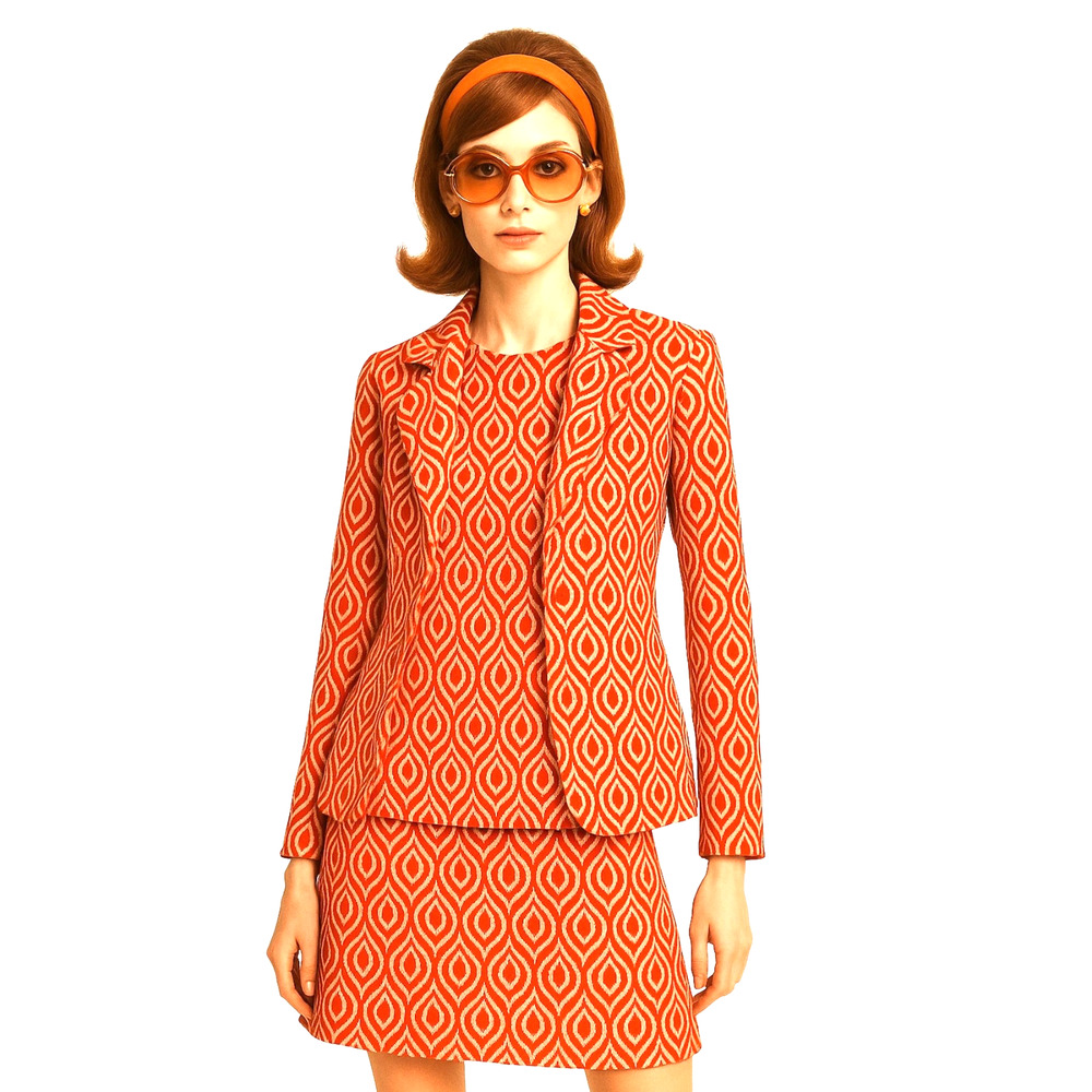 Handmade Vintage 3-Piece Set Women's Orange White Jacket Top Skirt Twiggy Hippie